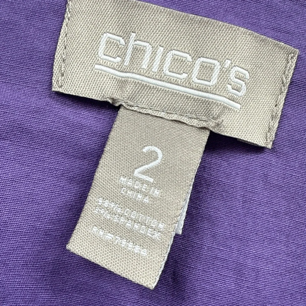 Chicos Womens Jacket Size Large Solid Purple Ruffle Trim Unlined 3/4 Sleeve Open